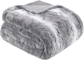 Madison Park Zuri Soft Plush Luxury Oversized Faux Fur Throw Animal Stripes Design, Faux Mink On The Reverse, Modern All Seasons Blanket for Bed, Sofa Couch, Office, Grey, 60x70"