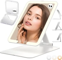 1X Travel Makeup Mirror with Mini 10X Magnifying Mirror, Portable Folding Lighted Makeup Mirror with 3 Light Colors, Dimmable, Adjustable Stand, Rechargeable LED Vanity Mirror