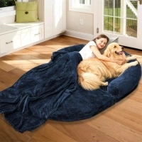 Human Dog Bed for Adult People, Large Gaint Shared Bed Foldable Adjustable Flufelbed Standard Cloud Bed with Memory Foam,Fluffy Faux Fur Orthopedic Nap Dog Bean Bag Sleeping Bed with Navy Blanket