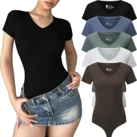 FMNNNN 5 Piece Body Suits for Womens Short Sleeve V Neck Casual Stretchy Basic T Shirt Bodysuit Shirts