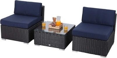 PHI VILLA Outdoor Sectional Furniture Clearance 3 Piece Patio Sofa Set Low-Back Rattan Wicker Additional Seat, Navy Blue