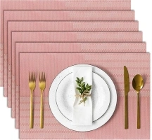 Vinyl Striped Placemats Set of 6, Reversible Plastic Woven Dining Table Mats Indoor & Outdoor, Washable, Easy to Clean, Heat Resistant Place Mats, Red, 18" x 12"