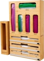 9 IN 1 Bamboo Bag Organizer for Drawer, Plastic Wrap Dispenser with Cutter, Foil and Plastic Wrap Organizer with Cutter