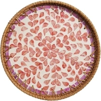 Rattan Serving Tray Use for Storage and Display of Coffee Bread Food Fruit, Round Wicker Home Decor Tray with Mother of Pearl Inlay, Boho Decor Coffee Table Tray (Willow-Pink)