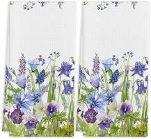 Spring Summer Watercolor Blue Purple Wildflowers Kitchen Tea Towels, 16 X 24 Inches Set of 2 Cotton Modern Dish Towels Dishcloths, Dish Cloth Flour Sack Hand Towel for Farmhouse Kitchen Bathroom Decor