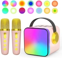 UNIH Mini Karaoke Machine for Kids Adults,Portable Bluetooth Karaoke Speaker with 2 Wilreless Microphones,14 Lighting Modes,Toys for Girls Boys 4, 5, 6, 7, 8+ Years Old Toddler Teens (Pink)