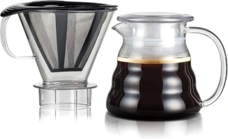 Bodum Melior Pour Over Borosilicate Glass Coffee Dripper with Carafe Lid and Stainless Steel Filter, 20 Ounce, Clear