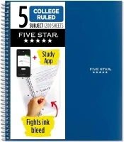 Five Star Spiral Notebook + Study App, 5 Subject, College Ruled Paper, Fights Ink Bleed, Water Resistant Cover, 8-1/2" x 11", 200 Sheets, Blue (73635)