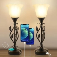 Table Lamp for Bedrooms Set of 2 Touch Lamp 3 Way Dimmable Bedside Lamp USB Port Torchiere Nightstand Lamp for Bedroom Lamps with Leaf Glass Trumpet Flower Shade Small Lamp for Living Room