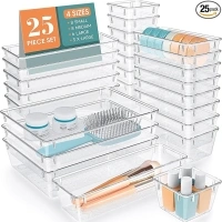 WOWBOX 25 PCS Clear Plastic Drawer Organizer Set, 4 Sizes Desk Drawer Divider Organizers and Storage Bins for Makeup, Jewelry, Gadgets for Kitchen, Bedroom, Bathroom, Office