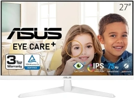 ASUS VY279HE-W 27” 1080P Monitor - White, Full HD, 75Hz, IPS, Adaptive-Sync/FreeSync, Eye Care Plus, Color Augmentation, Rest Reminder, HDMI, VGA, Frameless, VESA Wall Mountable