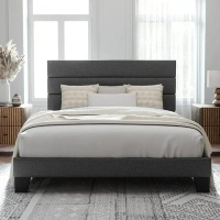 Allewie Queen Size Platform Bed Frame with Fabric Upholstered Headboard, No Box Spring Needed, Dark Grey