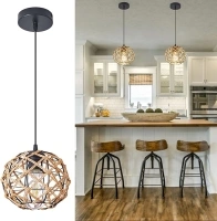 KINKAI Pendant Light Fixture, 1Pack Rattan Kitchen Island Pendant Lights Black Retro Lantern Indoor Lighting for Dining Room Entryway Hallway