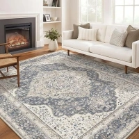 Washable Rug 8x10 Area Rugs for Living Room Bedroom Dining Room Home Office Floor Decor -Stain & Fade Resistant Non Slip Backing Carpet,Ultra-Thin Vintage Large Area Rug (Blue/Beige,8