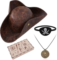 Renaissance Pirate Hat Costome Decoration Halloween Exchange For Male Female Tricorn Hat With Eye Patch & Necklaces