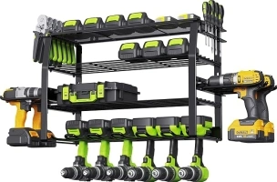 Kayfia Power Tool Organizer-10 Drill Holders Wall Mount Removable Design Cordless Drill 4 Layer Heavy Duty Tool Organizers Storage Garage Utility Racks with Screwdriver/Plier Holder