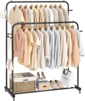 Double Rods Garment Rack with Wheels, Clothing Rack for Hanging Clothes,4 Hooks, Multi-functional Bedroom Clothes Rack, Black