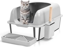 Enclosed Stainless Steel Cat Litter Box with Lid Extra Large Litter Box for Big Cats XL Metal Litter Pan Tray with High Wall Sides Enclosure, Non-Sticky, Anti-Leakage, Easy Cleaning