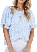 Women Floral Blouses Crewneck Short Puff Sleeve Shirts Casual Loose Fitting Babydoll Summer Tops