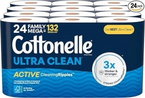 Cottonelle Ultra Clean Toilet Paper with Active CleaningRipples Texture, 24 Family Mega Rolls (24 Family Mega Rolls = 132 Regular Rolls) (4 Packs of 6), 353 Sheets Per Roll, Packaging May Vary