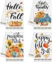 Fall Kitchen Towels Sets of 4 - Autumn Fall Dish Towels Dishcloths - Fall Hand Towels Bathroom Thanksgiving Tea Towel - Buffalo Plaid Pumpkin Gnome Farmhouse Theme Decorative Quick Dry Microfiber