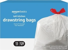 Amazon Basics Flextra Tall Kitchen Drawstring Trash Bags, Unscented, 13 Gallon, 120 Count, Pack of 1