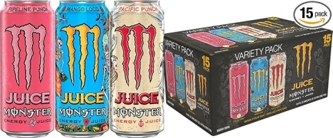 Monster Energy Juice Monster Variety Pack, Pipeline Punch, Mango Loco, Pacific Punch, Energy+Juice, Energy Drink, 16 Ounce (Pack of 15)