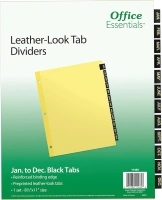 Office Essentials 11484 Preprinted Black Leather Tab Dividers, 12-Tab, Letter