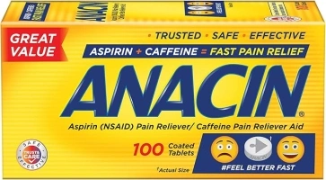 Anacin Fast Pain Relief, Aspirin + Caffeine Pain Reliever, 100 coated tablets