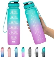 Motivational 32 oz/24 oz Water Bottle with Time Marker, Updated BPA Free Leak Proof Water Bottles，Options include a fruit strainer or both a strainer and straw, Perfect For Fitness Gym Outdoor