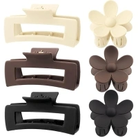 6 Pack Hair Clip Set, Includes 3 Pack Mini Matte Flower Claw Clips for Women, 3 Pack Large Rectangle Clips for Thick Hair, Black Brown Series