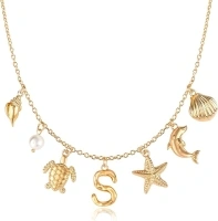 Initial Charm Necklace For Women, Boho Gold Summer Beach Surfer Letter Necklace Starfish Seashell Pearl Turtles Dolphin Charms Pendant, Trendy Pendant Alphabet Choker Necklace Jewelry Gifts for Teen