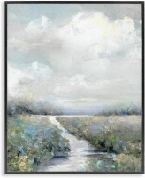 Stupell Industries Tranquil Flowers Blooming Meadow Path Puffy Clouds Framed Wall Art, Design By Sally Swatland, 16 x 20, Black Framed