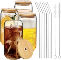 4Pcs Set Drinking Glasses with Bamboo Lids and Glass Straw, 16oz Can Shaped Glass Cups, Beer Glasses, Iced Coffee Cups, Glass Tumbler Include 2 Cleaning Brushes, Great for Cocktail,Gifts