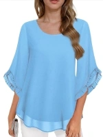 Womens 3/4 Ruffle Sleeve Tops Double Layer Chiffon Blouses Scoop Neck Flowy Tops Elegant Summer Shirt Tunic