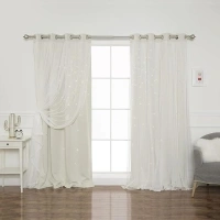 Best Home Fashion Tulle Overlay Star Cut Out Blackout Curtains (52" W x 84" L, Biscuit)