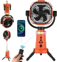 Camping Fan with LED Lights, 20,000mAh Rechargeable Battery Powered Fan, Portable Fan with Remote Control and Oscillating Function for Outdoor Travel, Fishing, Power Outages and Workplaces (Orange)