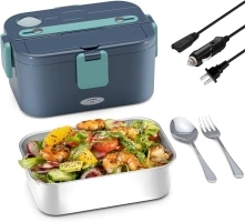 80W 1.8L/60-oz Electric Lunch Box for Adults, 12V/24V/110V Heated Lunchboxes Food Warmer Portable for Work, Car, Truck, Food Heater with Removable 304 SS Container, Fork & Spoon, Divider(Blue)