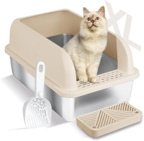 Chenove Extra Large Stainless Steel Cat Litter Box with High Wall Enclosed XL Cat Litter Box for Big & Multiple Cats Steel Litter Box with Lid, Easy Clean, Anti-Leakage, Non-Sticky