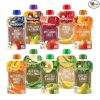 Happy Baby Organics Stage 2 Baby Food Pouches, Gluten Free, Vegan & Healthy Snack, Clearly Crafted Fruit & Veggie Puree, Fruit & Veggie Variety Pack, 4 Ounces (Pack of 10)