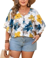 AGUTIUN Plus Size Top for Women Floral Printed V Neck Oversized T Shirts Loose Fit 3/4 Short Sleeve Casual Summer