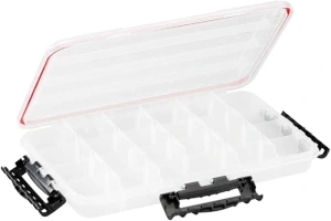 Plano Waterproof 3700 Stowaway Tackle Box, 14" X 9" X 1.875", Durable Cam-Action Latches, O-Ring Seal, Adjustable Dividers for Versatile Fishing Storage, Clear/Red