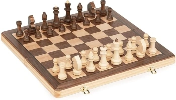 15 Inch Travel Wooden Folding Chess Set w/ 3 Inch Kh Chess Pieces- Walnut & Maple Inlay Board Games