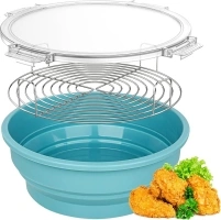 Breader Shaker Bowl with Lid - Collapsible Breading Batter Bowl Silicone with Tray Mess-free Durable Breading Shaker Container & Mixing for Frying Chicken Fish Kitchen Barbecue (Light Blue)