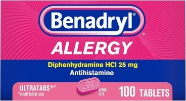 Benadryl Ultratabs Antihistamine Allergy Relief Medicine, Diphenhydramine HCl Tablets for Relief of Cold & Allergy Symptoms Such as Sneezing, Runny Nose, & Itchy Eyes & Throat, 100 ct