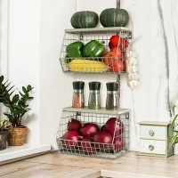 2pcs Silver Fruit Basket, Stackable Wall Mounted Pantry Organizers and Storage Basket with Wood Lid Top - Kitchen Hanging Wire Basket for Storage Bread, Cans, Snack, Fruit, Vegetable