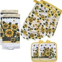 Kitchen Towel 4 Piece Linen Set 2 Towels 2 Pot Holders 2 Oven Mittfor Cooking, Baking, Housewarming (Yellow Sunflower)