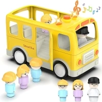 Veslier School Bus Toys with 5 Play Figures for Toddlers, Kids Car Toy with Lights ＆ Sounds, Truck with Door Opening Function ＆Stop Sign, Birthday Gift for 18M+ 2 3 4 5 Year Old Boys.