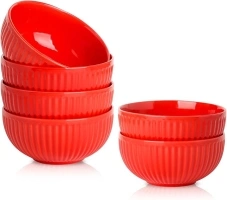 Hasense Porcelain Cereal Bowls Set 24 Oz - 6 Inch Soup Bowl Set of 6 for Kitchen,Modern Ribbed Ceramic Dishes for Entertaining,Soup,Oatmeal,Pasta,Cereal,Noodle - Dishwasher & Microwave Safe, Red