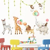 Mfault Jungle Safari Animals Wall Decals Stickers, Wild Animals Lion Elephant Zebra Giraffe Monkey Nursery Kids Room Art, Balloon Baby Boys Girls Decorations Toddlers Bedroom Playroom Decor